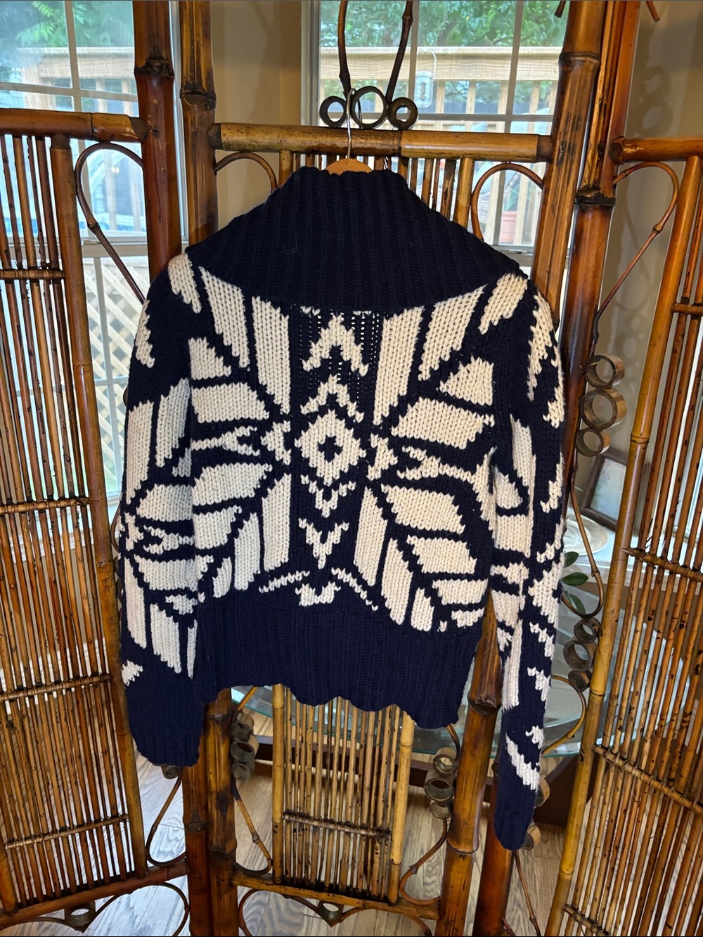 American Eagle Outfitters Navy and Cream Shawl-Collar Toggle Cardigan
